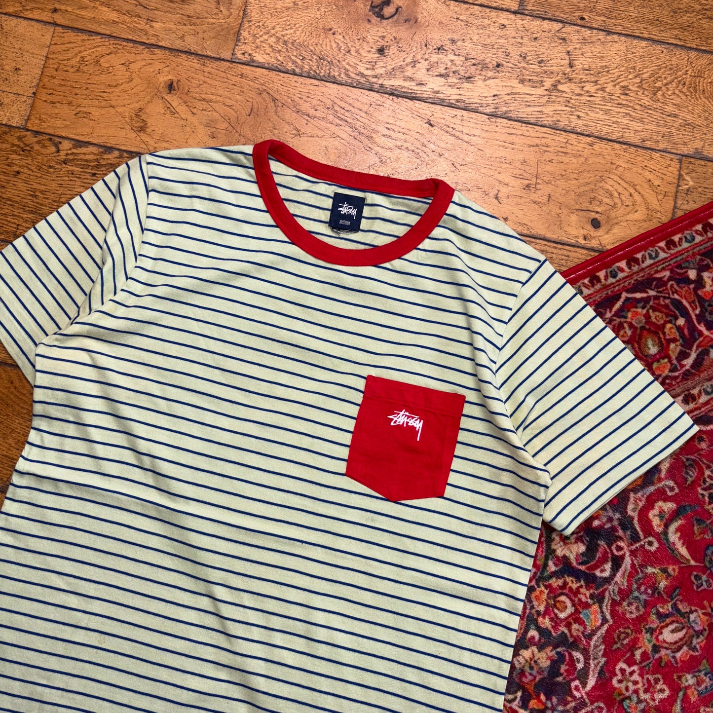Vintage Stussy Green Stripe Embroidered T-Shirt - S