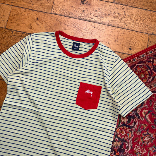 Vintage Stussy Green Stripe Embroidered T-Shirt - S
