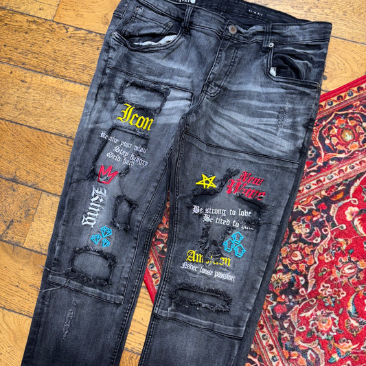 Vintage Grunge Black Embroidered Y2K Hip Hop Slim Jeans - 36R