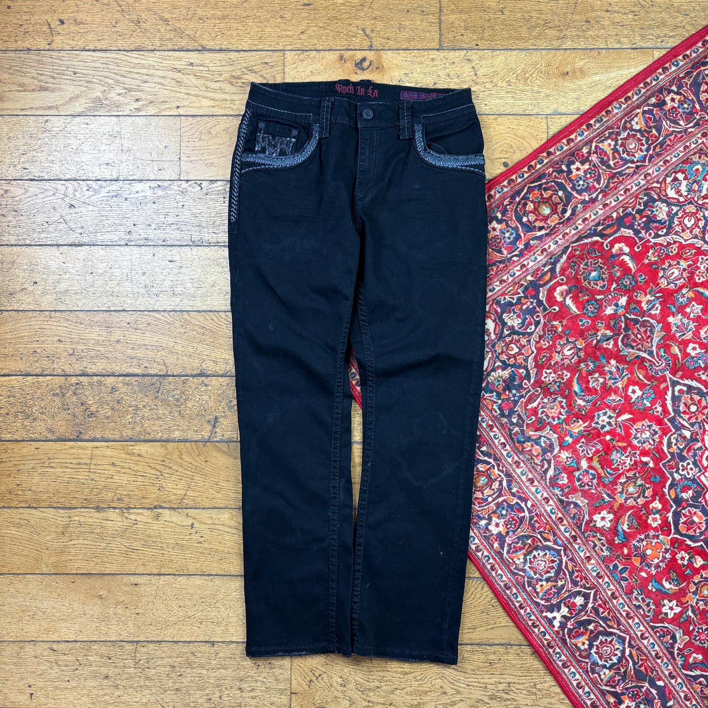 Vintage Rock Revival Style Black Embroidered Y2K Hip Hop Straight Jeans - 38