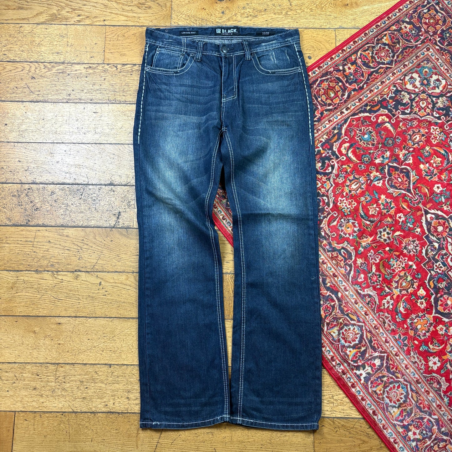 Vintage Blue Embroidered Y2K Hip Hop Bootcut Baggy Jeans - 38