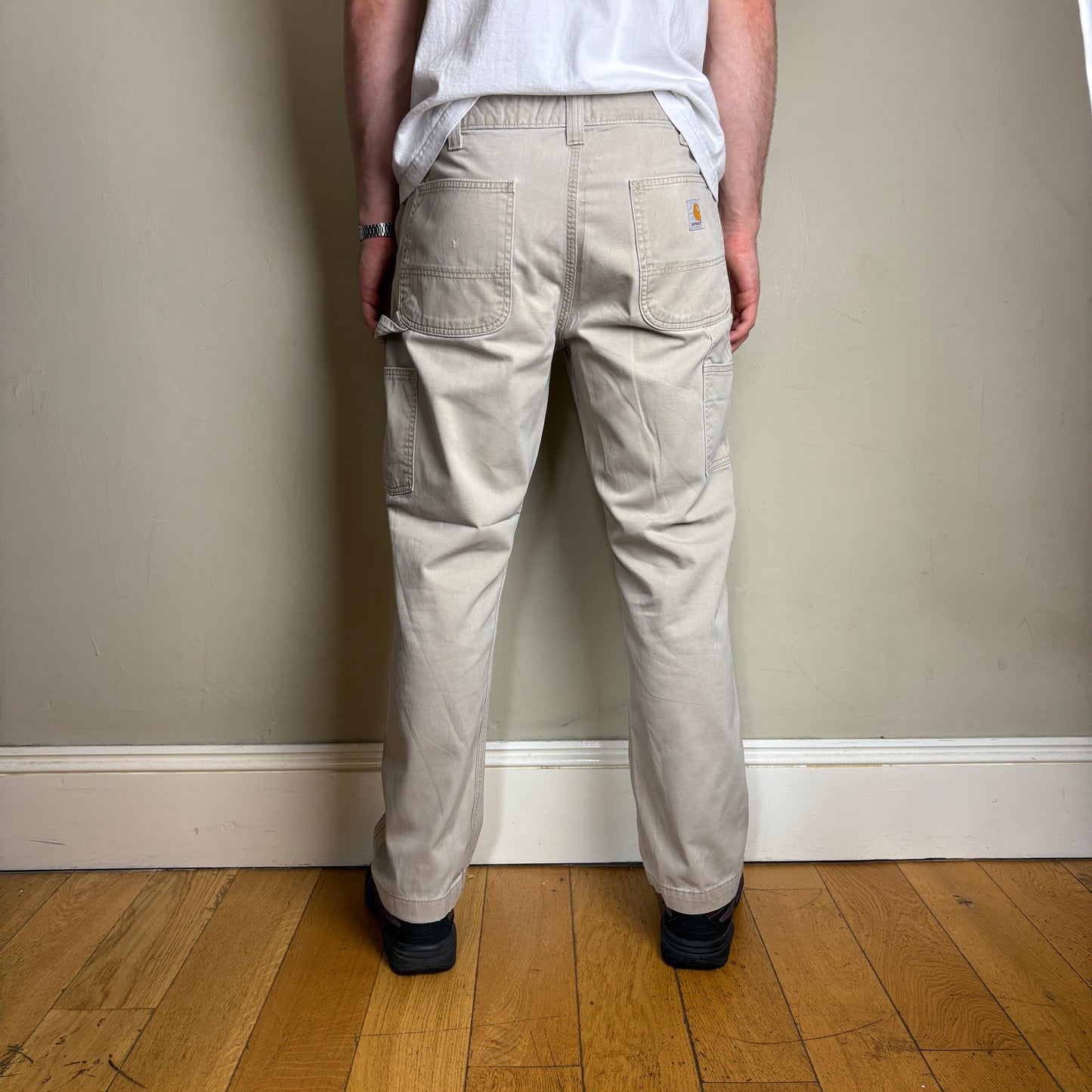 Vintage Carhartt Cream Light Brown Workwear Carpenter Baggy Trousers - 34S