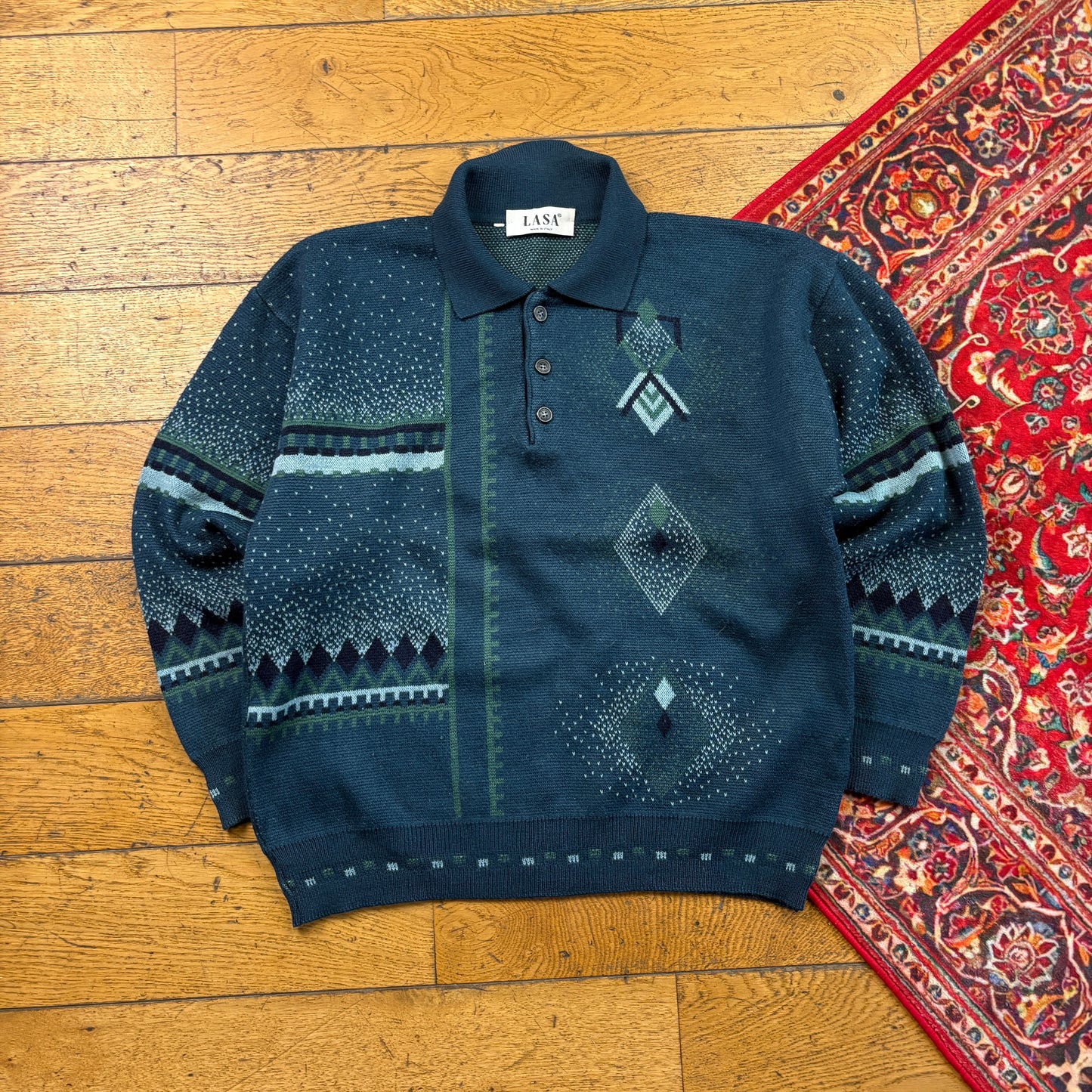 Vintage Green Italian Rugby Polo Pattern Italian Knit Jumper - M