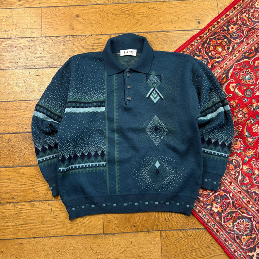 Vintage Green Italian Rugby Polo Pattern Italian Knit Jumper - M