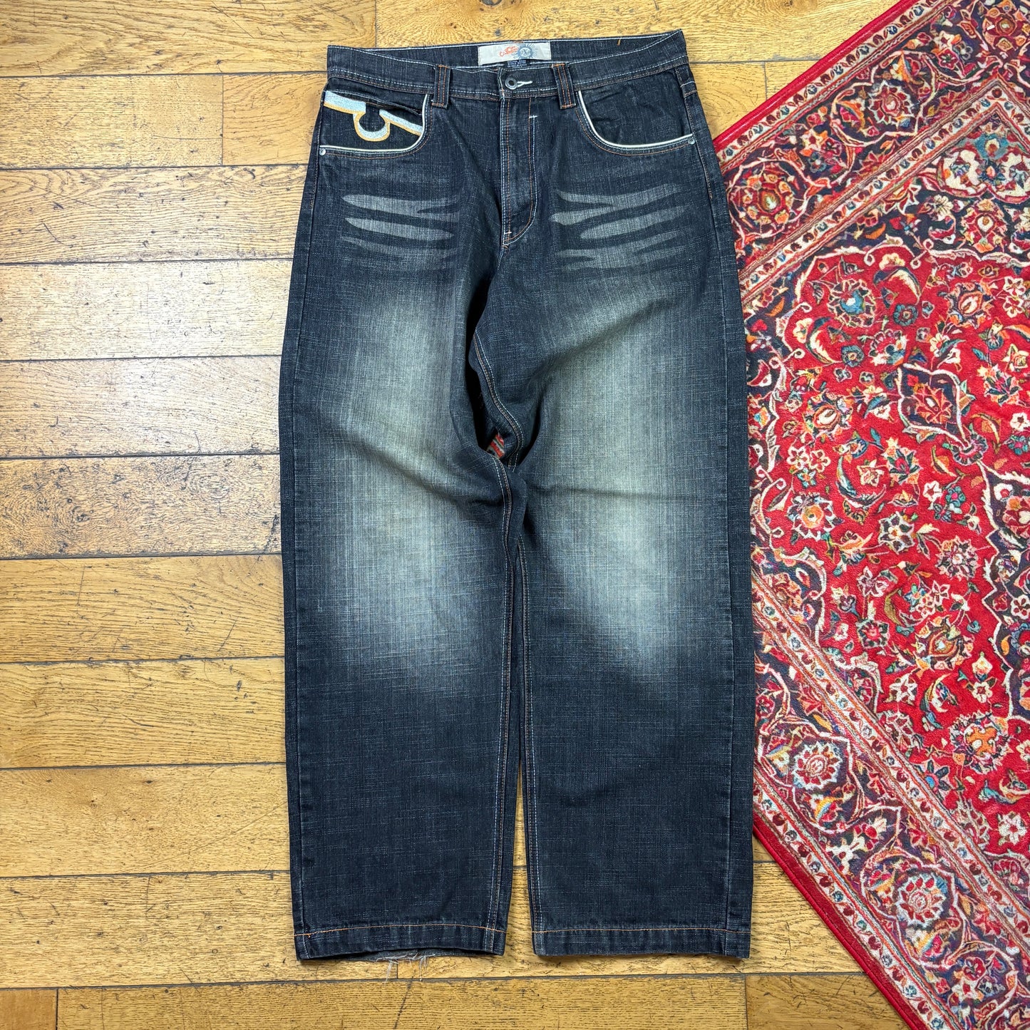 Vintage Black Embroidered Y2K Hip Hop Baggy Jeans - 36