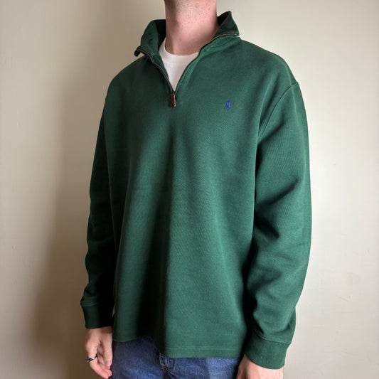 Vintage Ralph Lauren Green Quarter Zip Jumper Embroidered Sweatshirt - XL