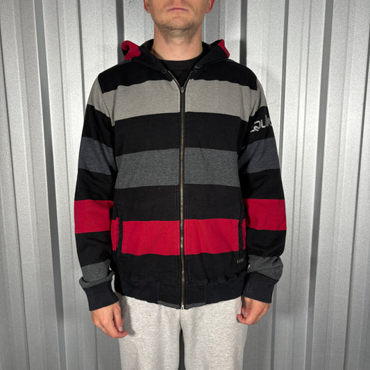 Quiksilver Black Grey Red Stripe Zip Surfwear Hoodie - L