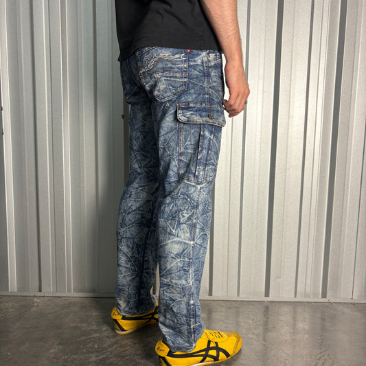 Embroidered Blue Acid Wash Grunge Japanese Denim Hip Hop Y2K Baggy Jeans - 34S