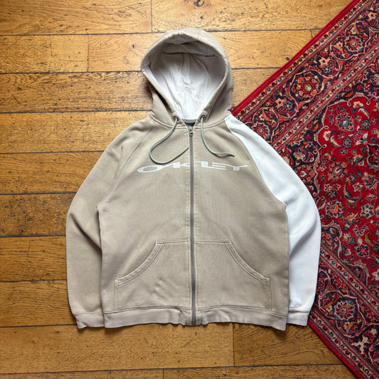 Vintage Oakley Cream Brown Spellout Boxy Cropped Sweatshirt - S