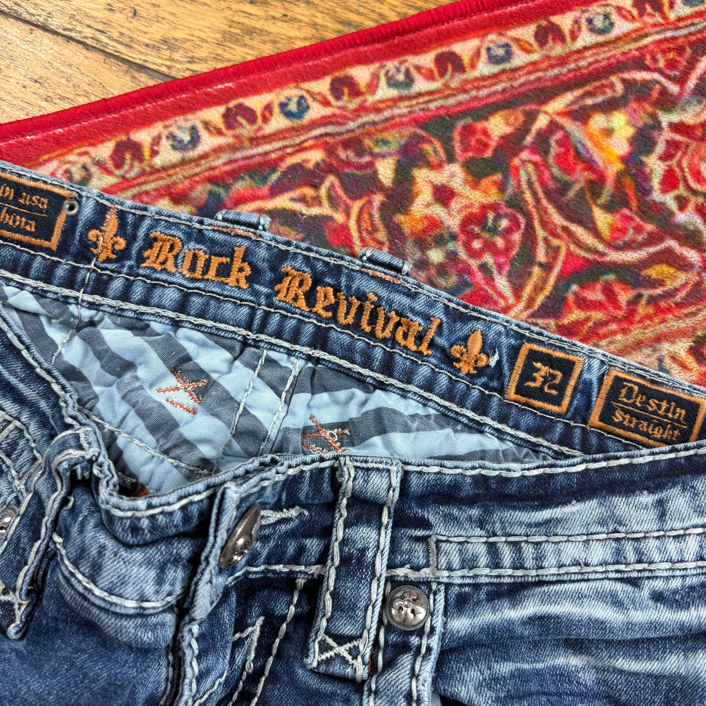 Vintage Rock Revival Blue Embroidered Y2K Hip Hop Straight Jeans - 34