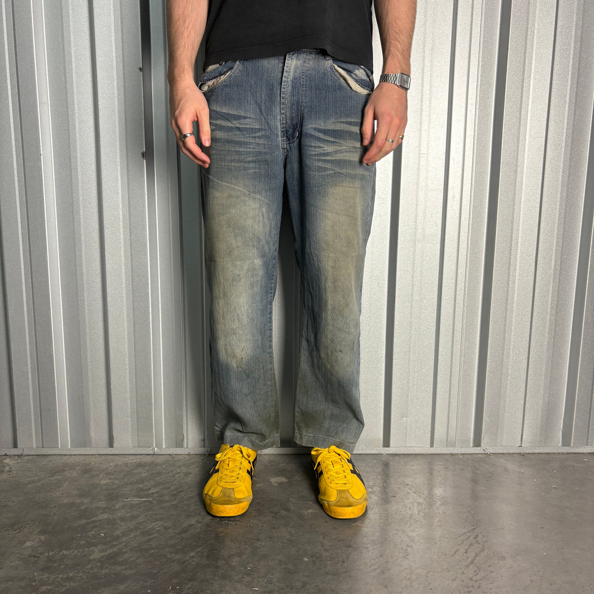 Embroidered Blue Crucifix Japanese Denim Hip Hop Y2K Baggy Jeans - 34S