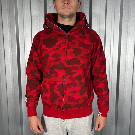 BAPE Bathing Ape Red Camo Shark Head Zip Hoodie - S