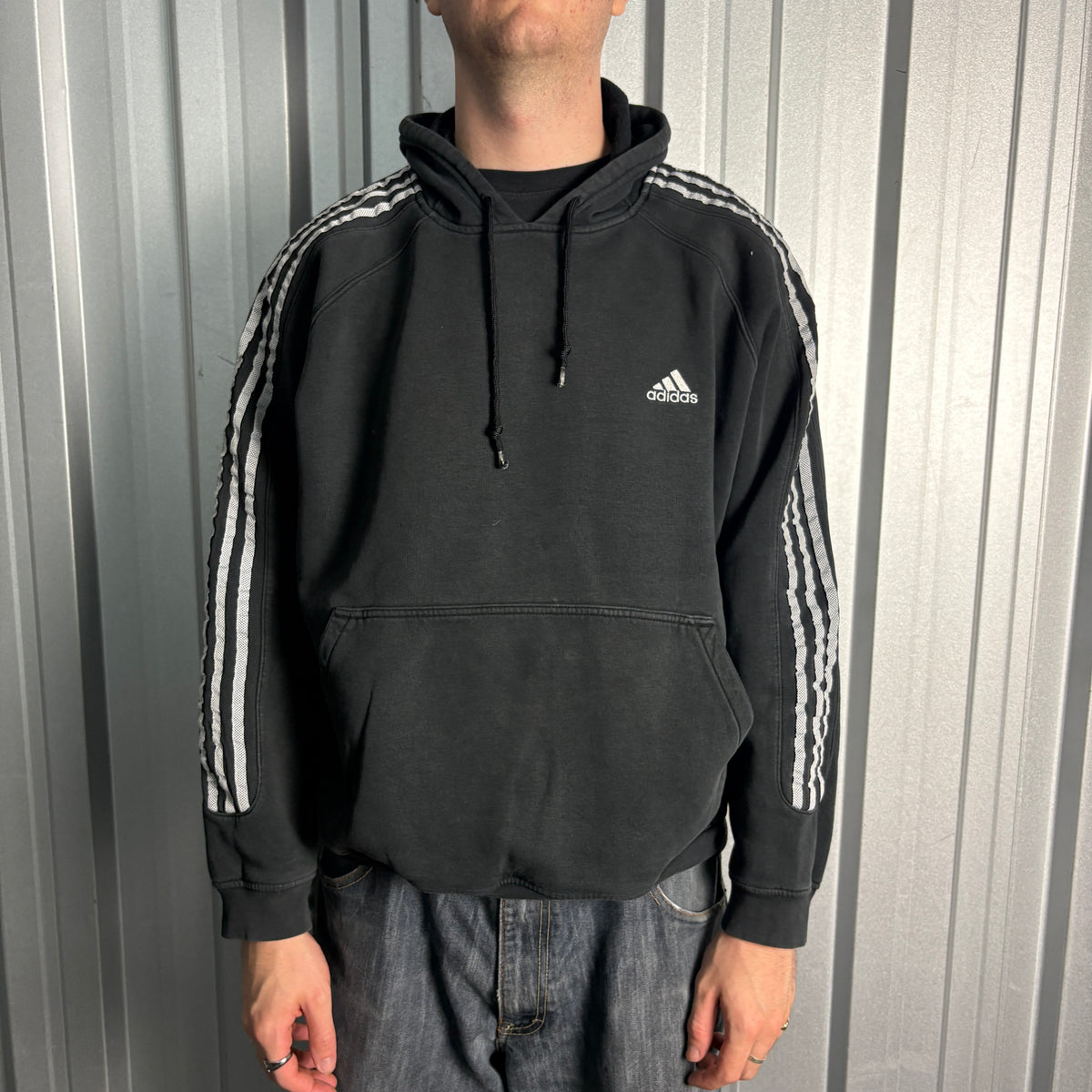 Adidas Black Embroidered Tri Stripe Hoodie Sweatshirt - XL