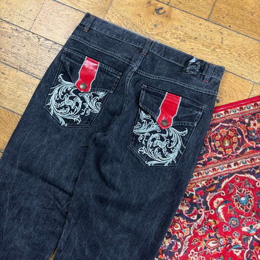 Vintage Noiz Jeans Black Embroidered Y2K Hip Hop Baggy Jeans - 36