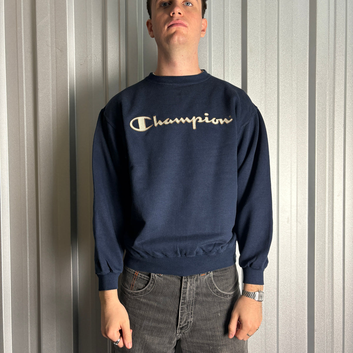 Vintage Champion Navy Blue Spellout Boxy Embroidered Sweatshirt - M