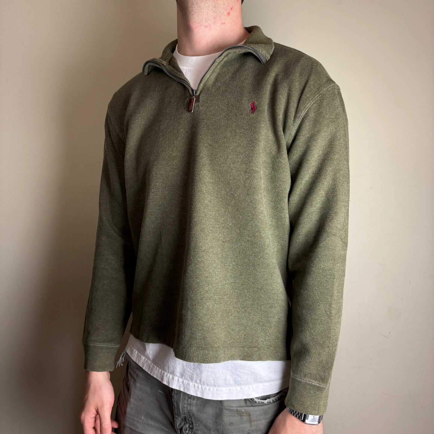 Vintage Ralph Lauren Green Khaki Quarter Zip Knit Jumper - M