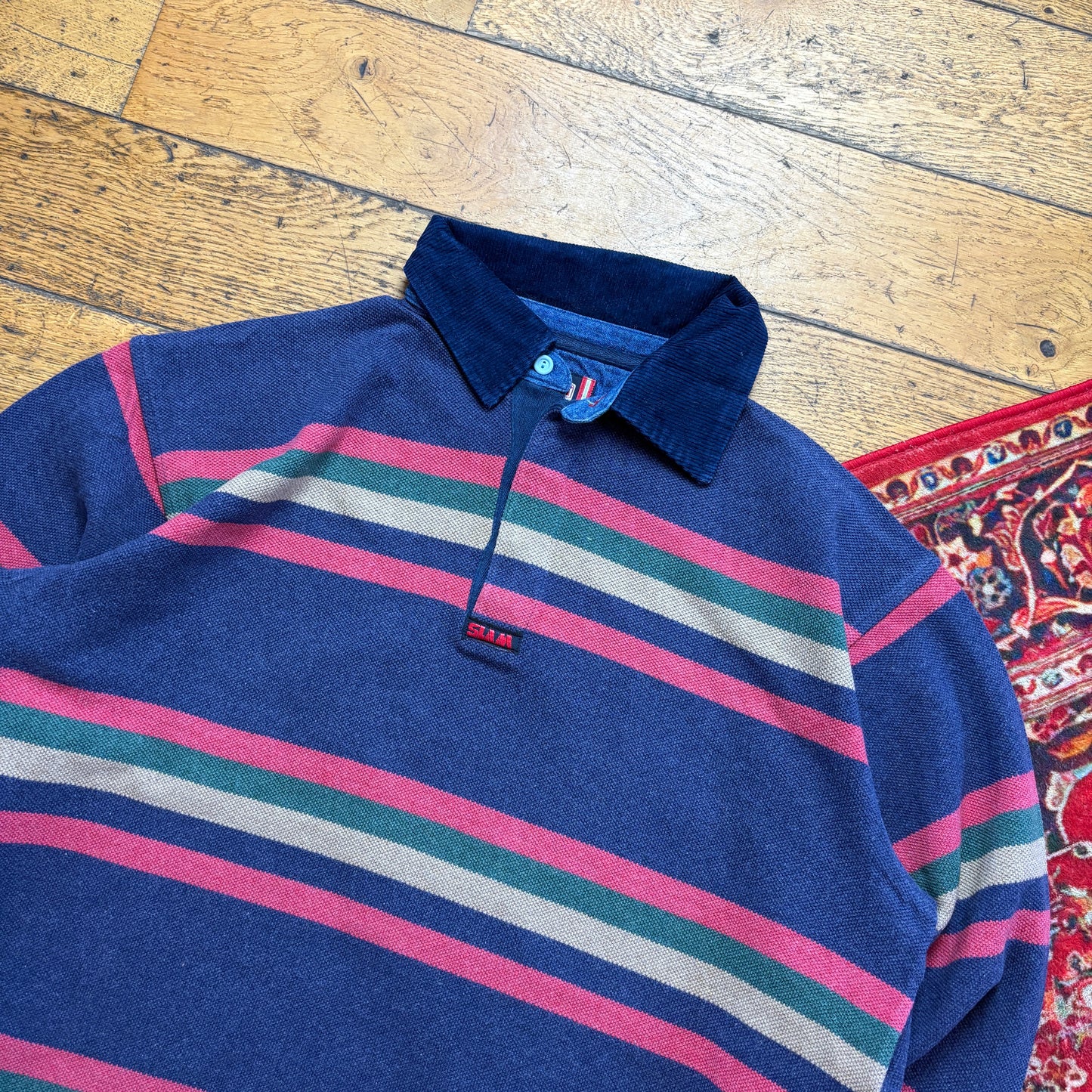 Vintage 90s Slam Stripe Navy Rugby Polo Shirt - L