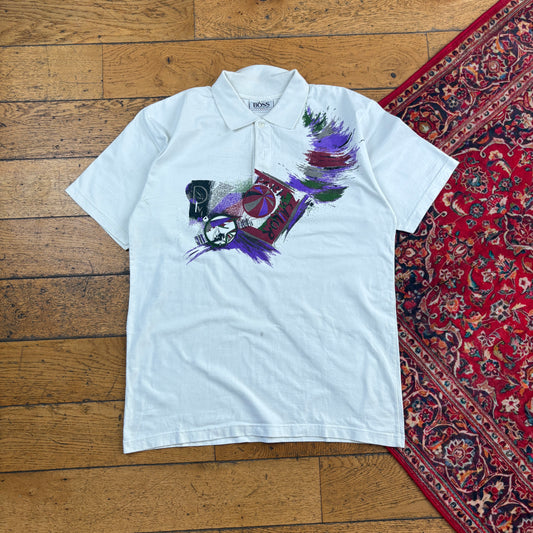 Vintage Hugo Boss Tennis White Pattern Polo Shirt - M