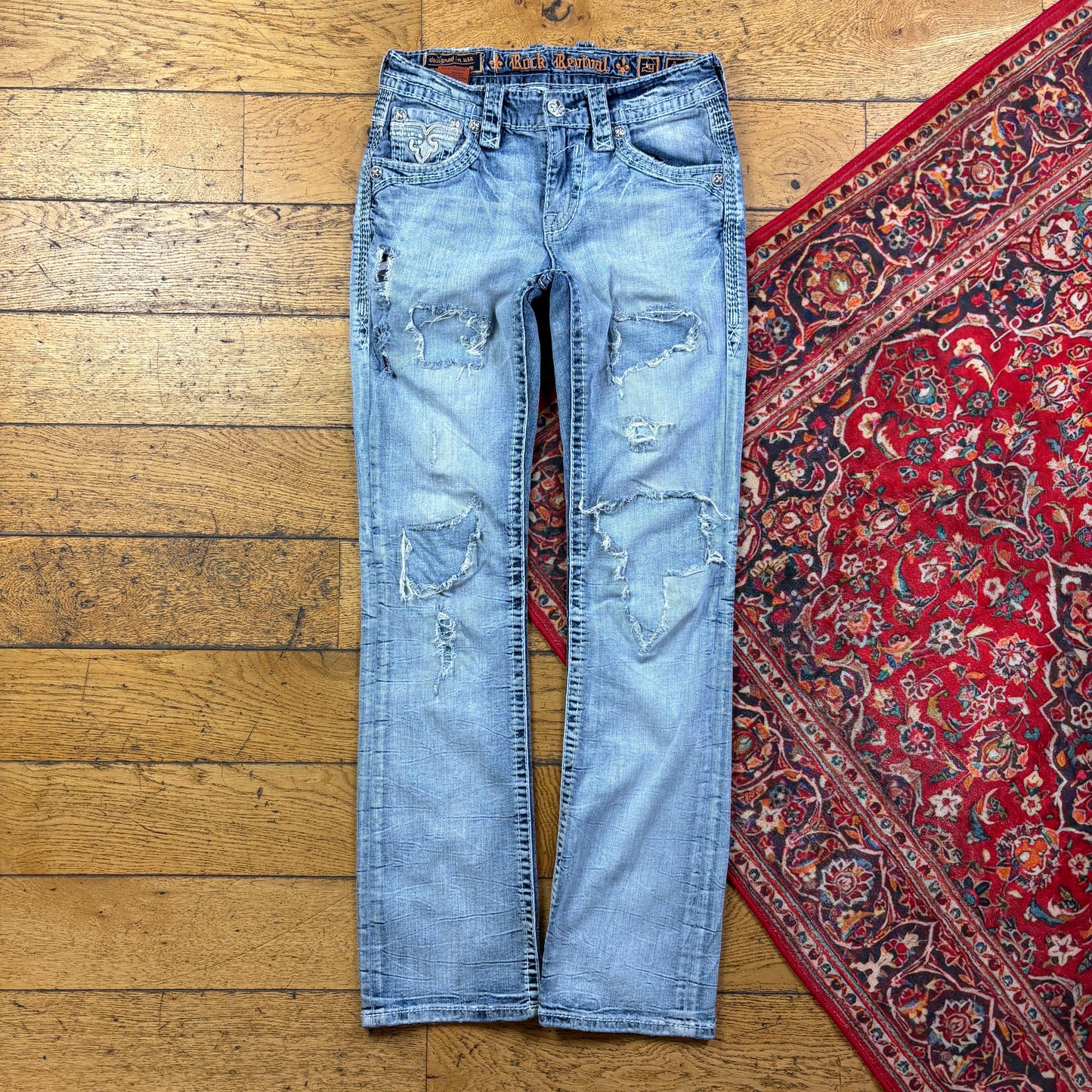 Vintage Rock Revival Blue Embroidered Y2K Hip Hop Straight Jeans - 34