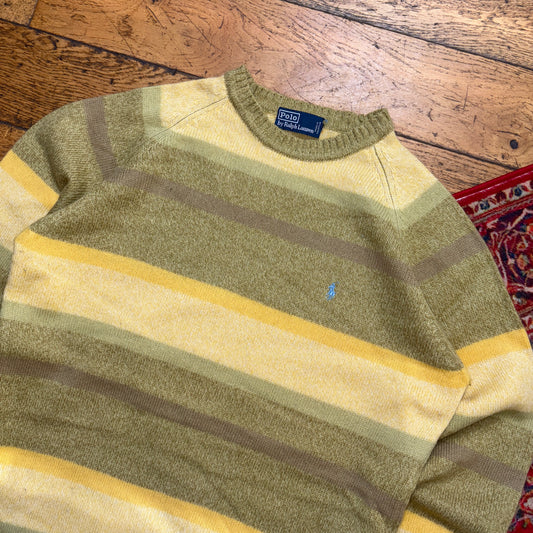 Vintage Ralph Lauren Green Yellow Stripe Chunky Knit Jumper - M