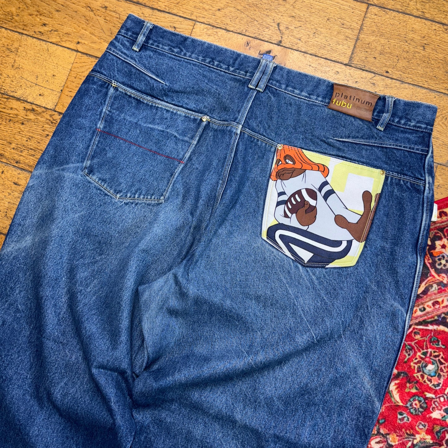 Vintage Platinum Fubu Blue Embroidered Y2K Hip Hop Baggy Jeans - 48L