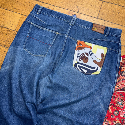 Vintage Platinum Fubu Blue Embroidered Y2K Hip Hop Baggy Jeans - 48L