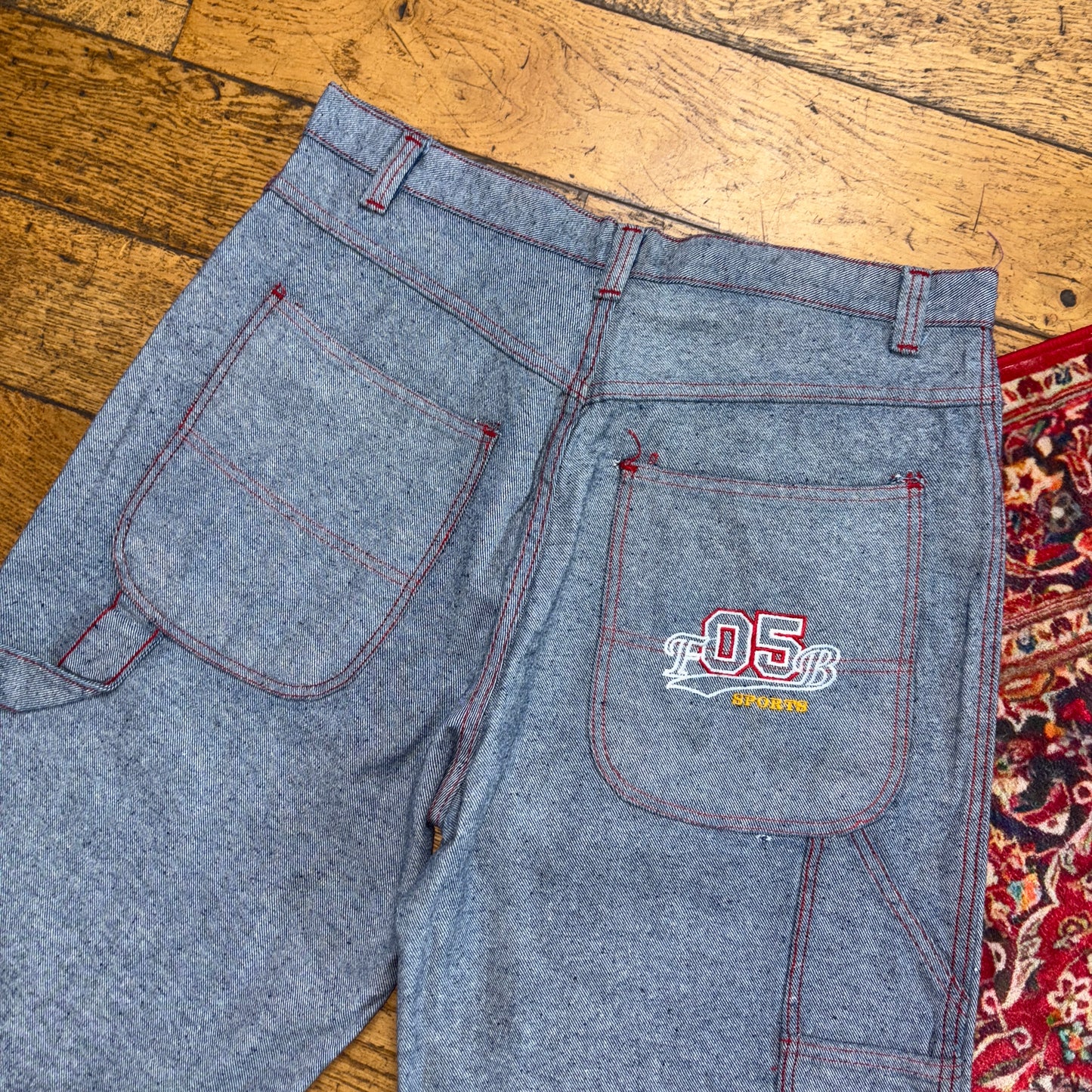 Vintage Blue Grey Embroidered Y2K Hip Hop Baggy Jeans Shorts Jorts - 36