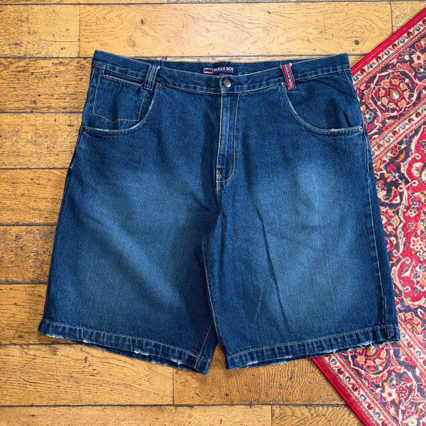 Vintage Bugle Boy Blue Embroidered Y2K Hip Hop Baggy Jeans Shorts Jorts - 44