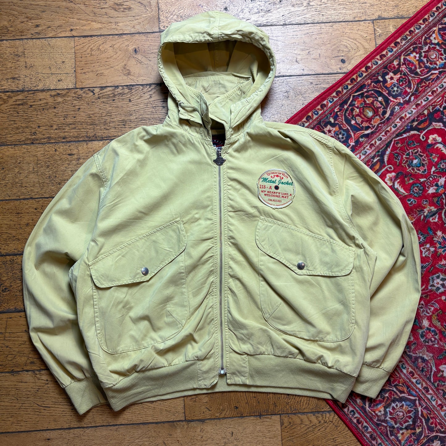 Vintage 1993 Metal Jackets Yellow Workwear Active Bomber Hoodie Jacket -