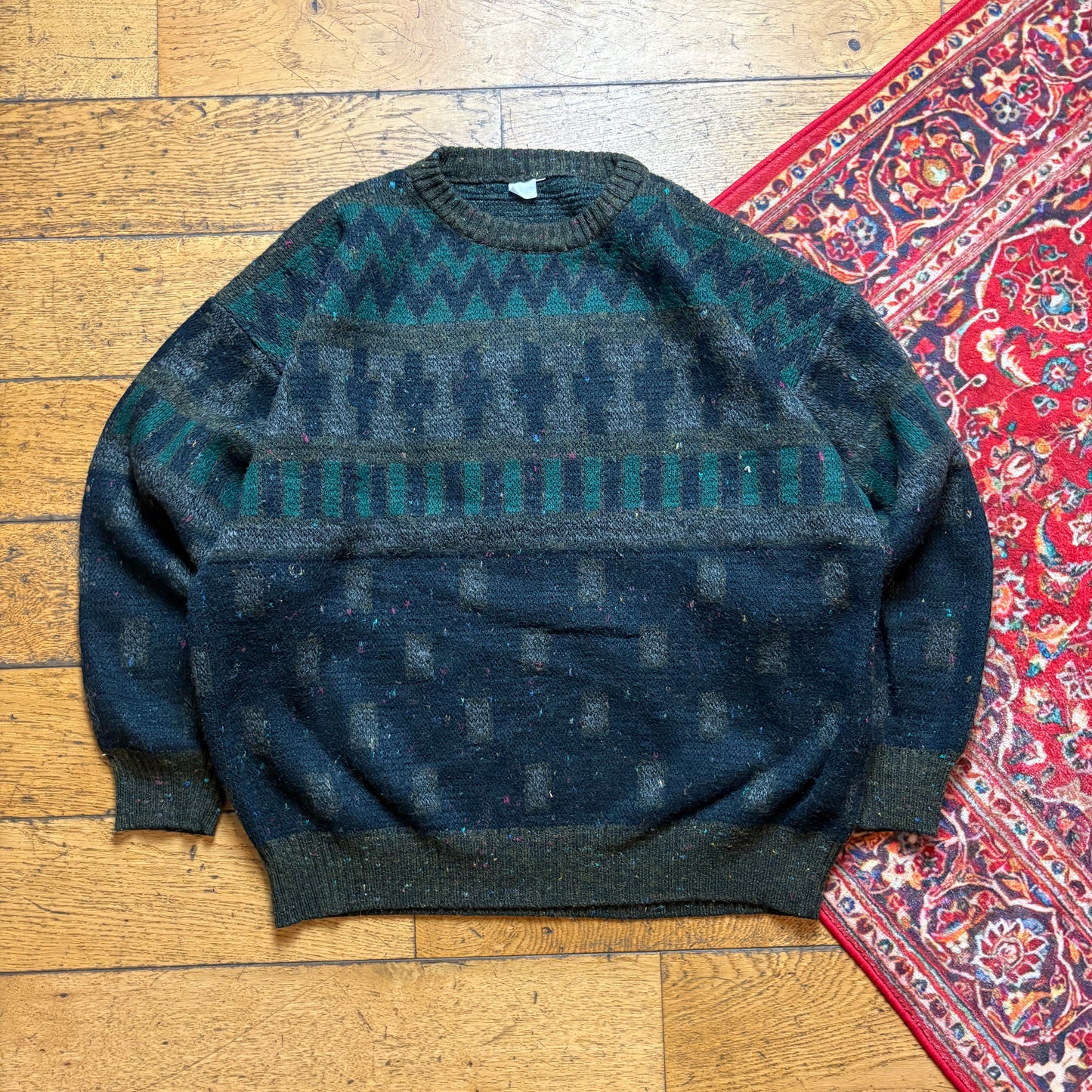 Vintage Green Pattern Chunky Knit Jumper - XL