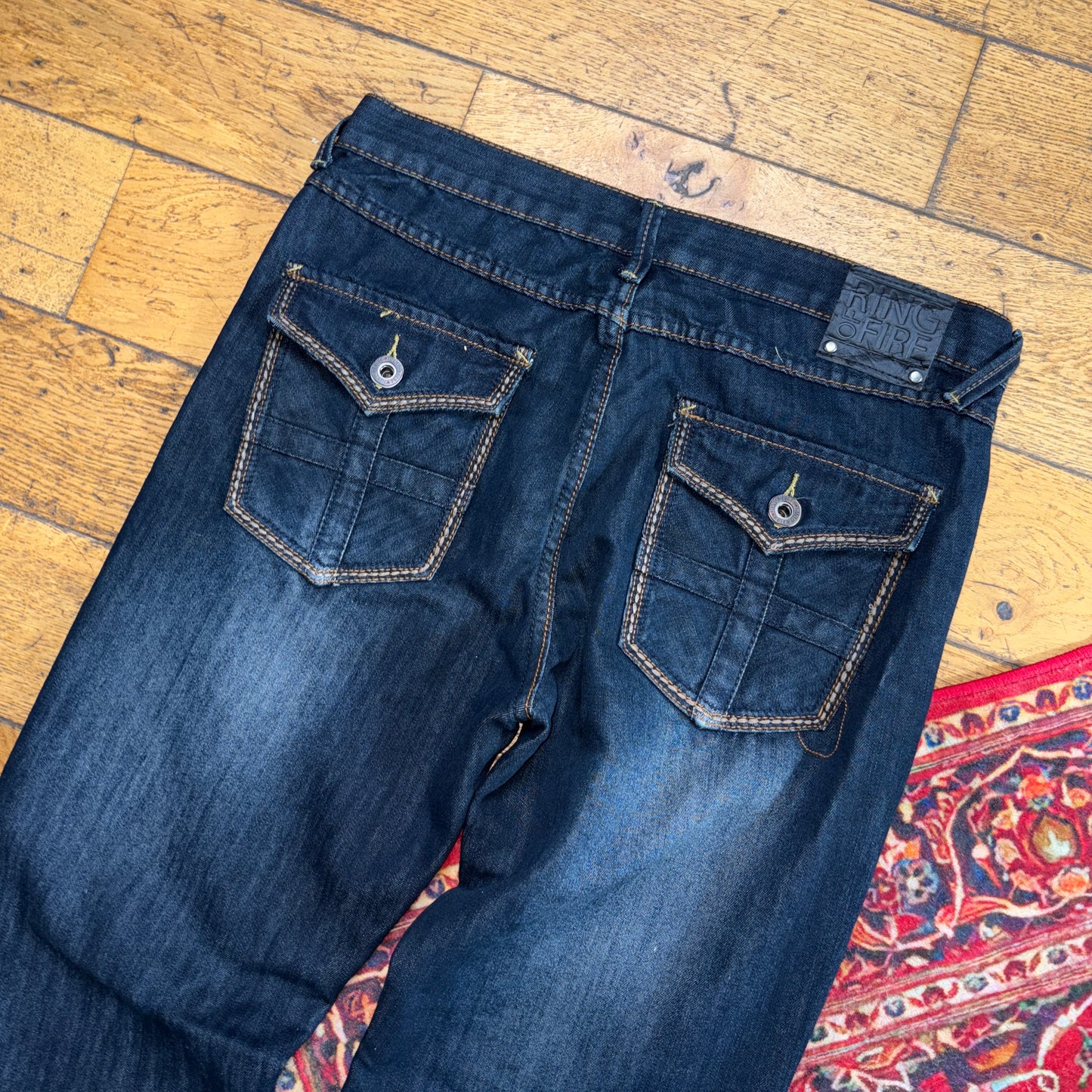 Vintage Navy Blue Embroidered Y2K Hip Hop Bootcut Baggy Jeans - 34S