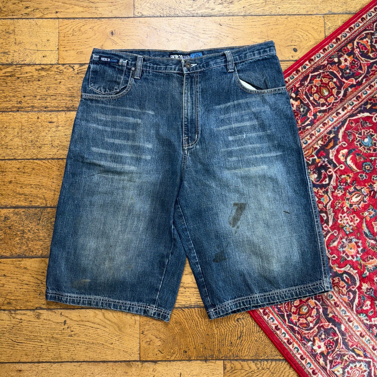Vintage Focus70 Embroidered Hip Hop Blue Baggy Shorts Jorts - 38