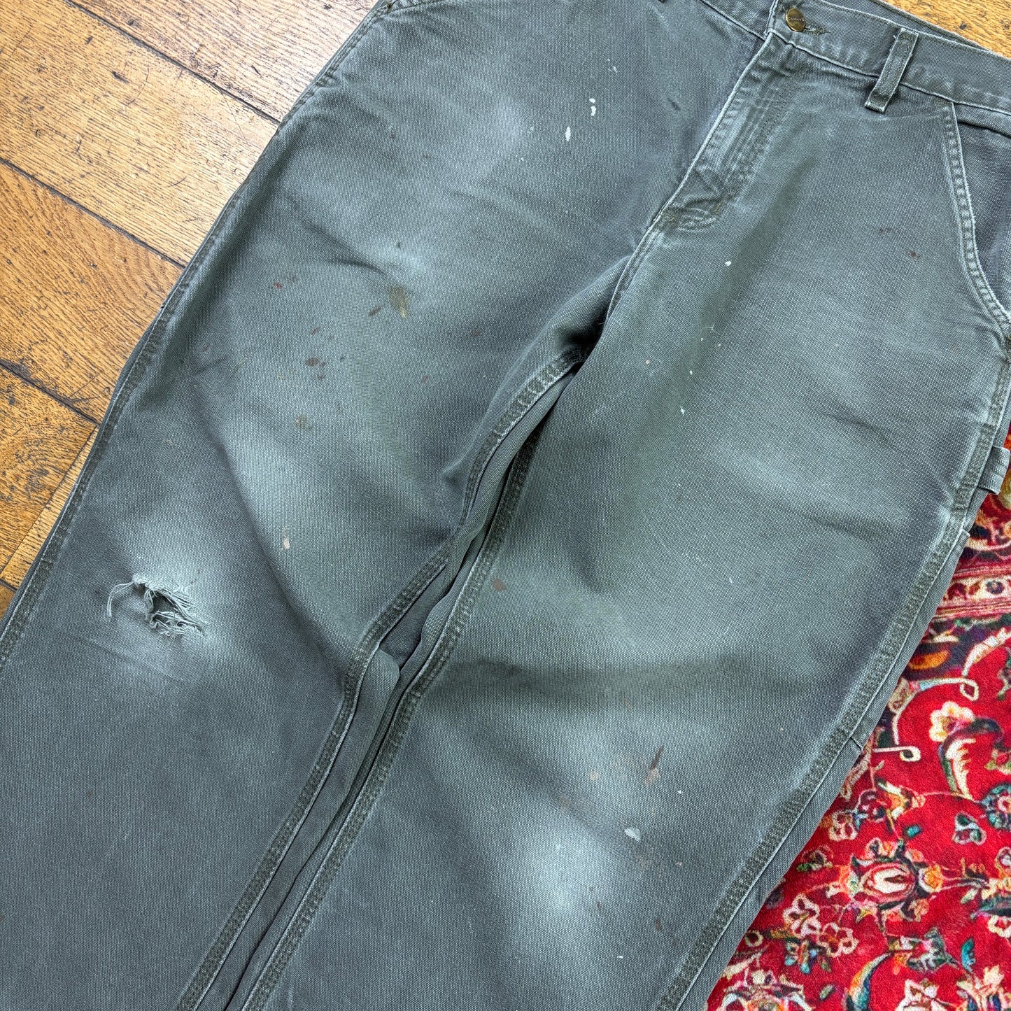 Vintage Carhartt Green Khaki Workwear Carpenter Baggy Trousers - 34