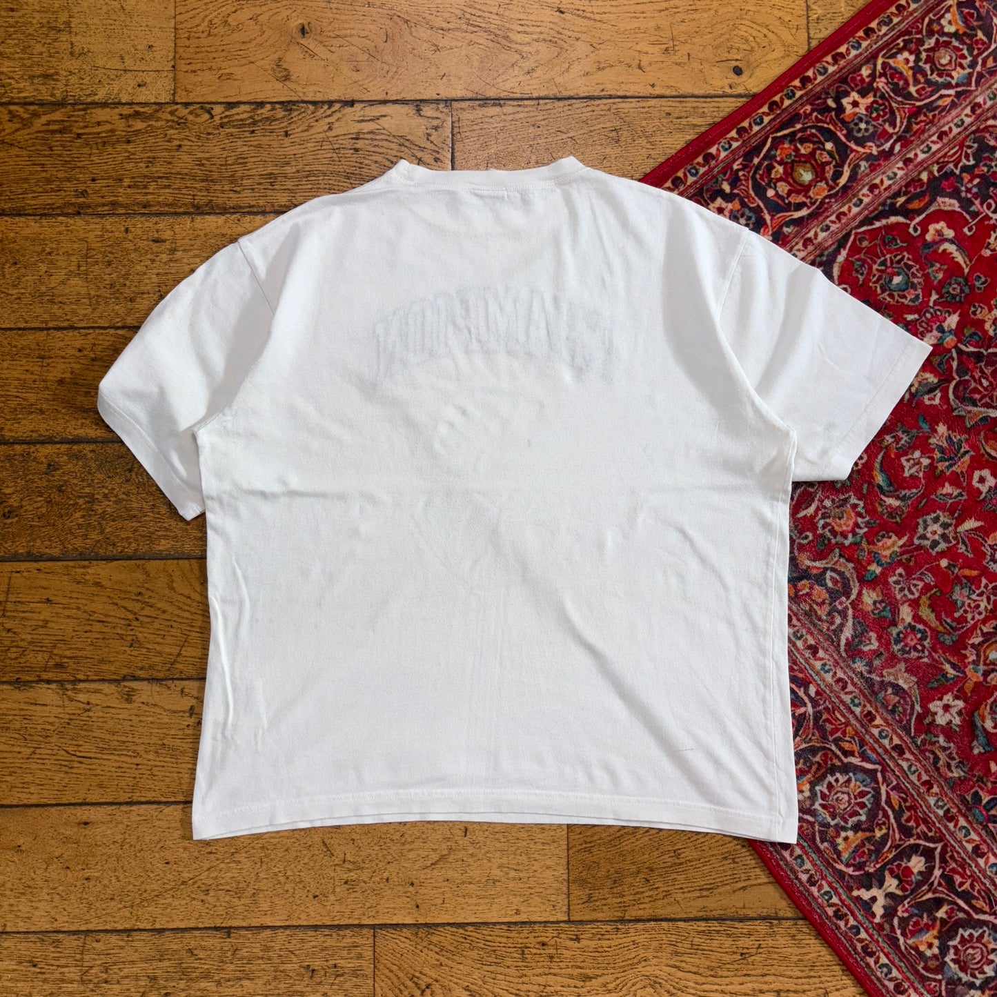 Vintage Champion White Embroidered Spellout Boxy Graphic T-Shirt - L