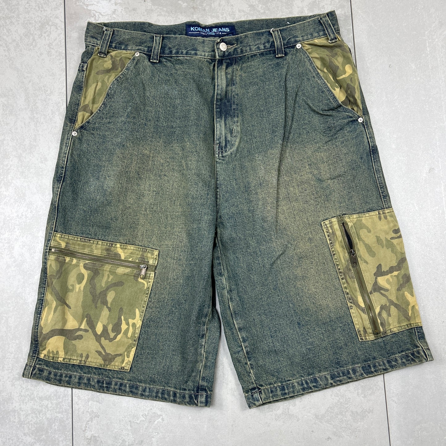 Vintage Camo Embroidered Hip Hop Baggy Shorts Blue Jorts - 42