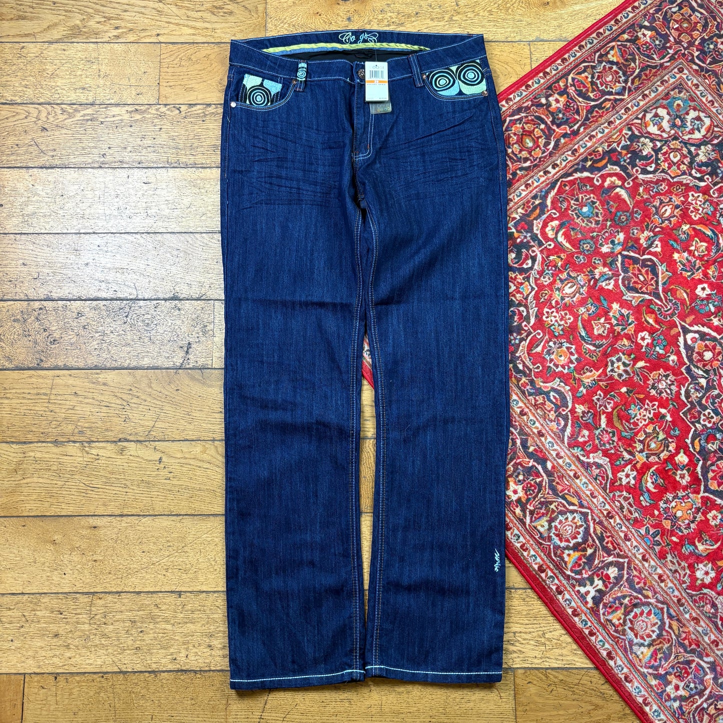 Vintage Coogi Blue Embroidered Y2K Hip Hop Straight Jeans - 38