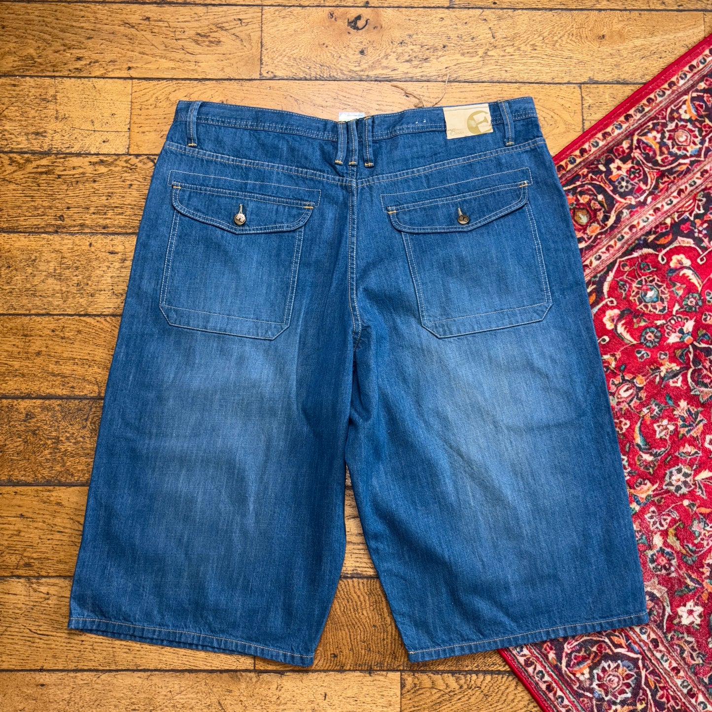 Vintage Exsto Blue Embroidered Y2K Hip Hop Baggy Jeans Shorts Jorts - 44
