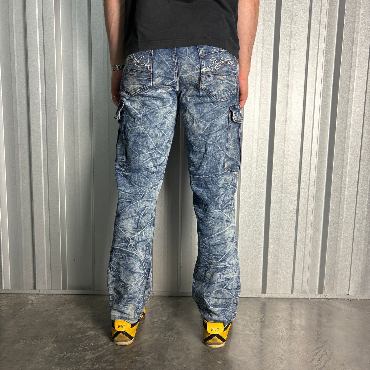 Embroidered Blue Acid Wash Grunge Japanese Denim Hip Hop Y2K Baggy Jeans - 34S