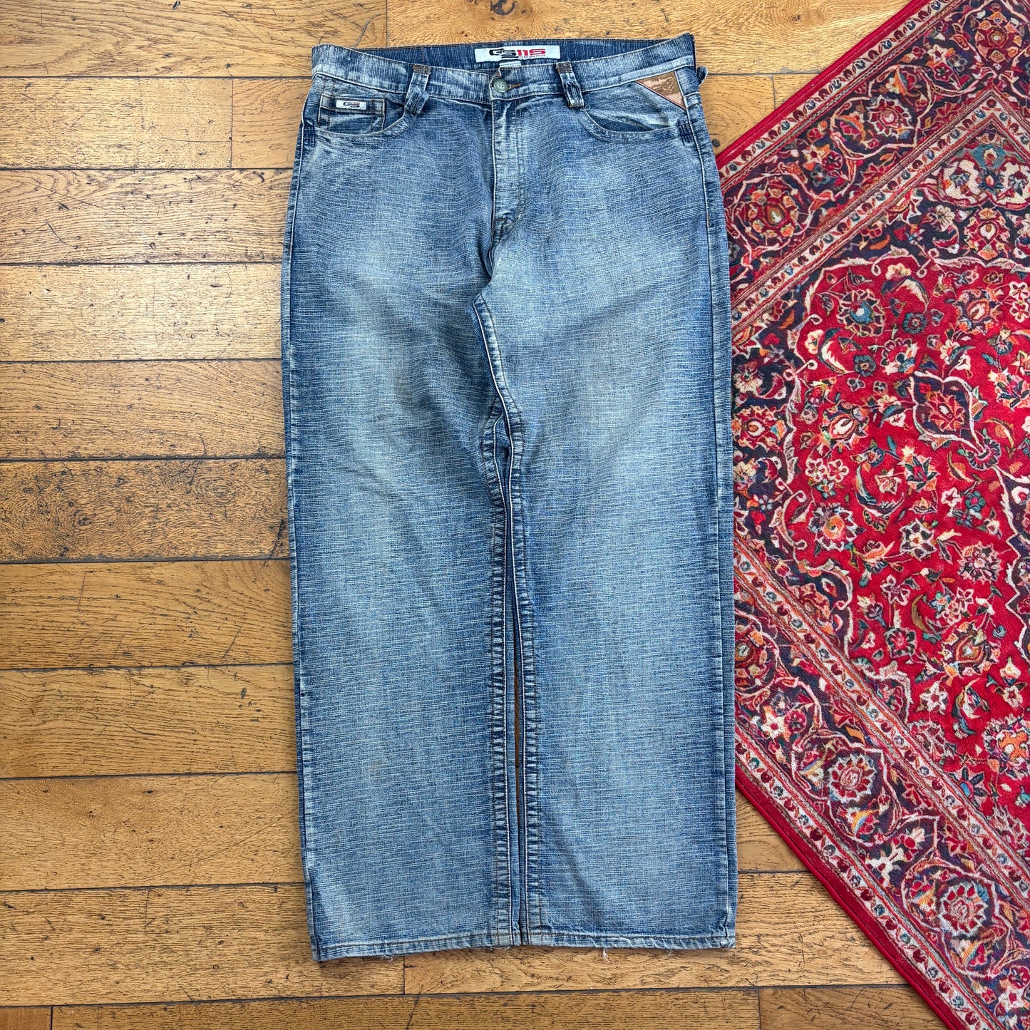 Vintage GS115 Blue Embroidered Y2K Hip Hop Baggy Jeans - 38