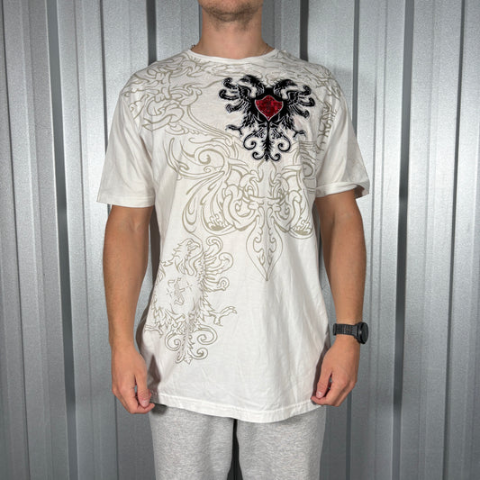 Urban Couture White Rhinestone Y2K Grunge Hip Hop T Shirt - XL