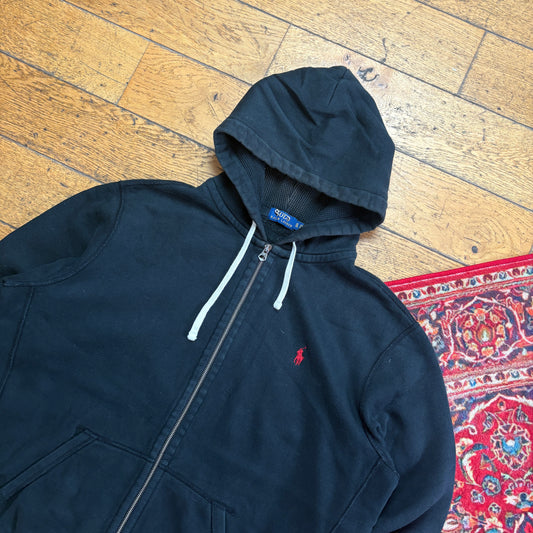 Vintage Ralph Lauren Black Zip Hoodie Embroidered Sweatshirt - XL