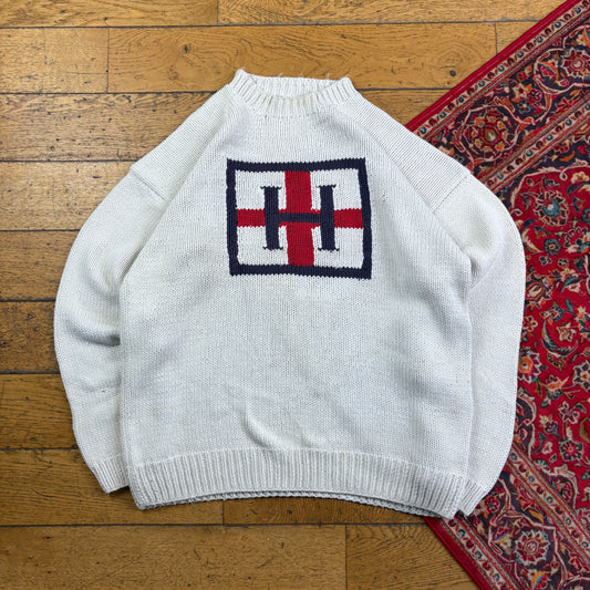 Vintage Tommy Hilfiger England Flag Cream Chunky Knit Jumper - 2XL