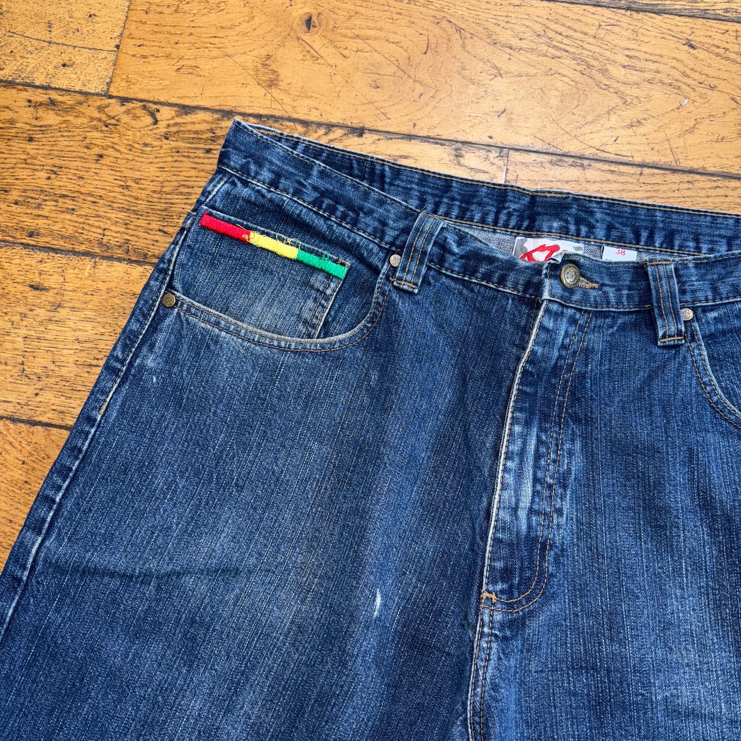 Vintage Akcess Blue Embroidered Y2K Hip Hop Baggy Jeans Shorts Jorts - 38