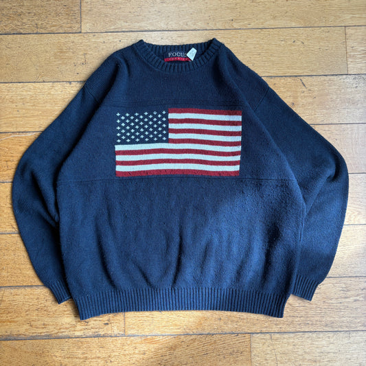 Vintage USA Flag Navy Chunky Knit Jumper - L
