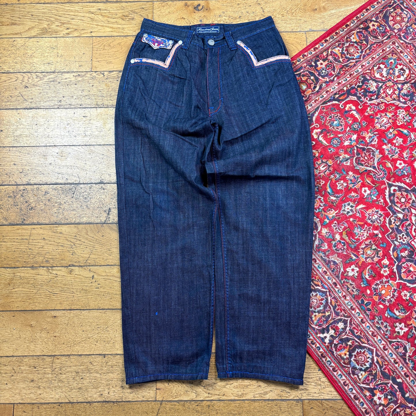 Vintage Blue Embroidered Y2K Hip Hop Baggy Jeans - 36