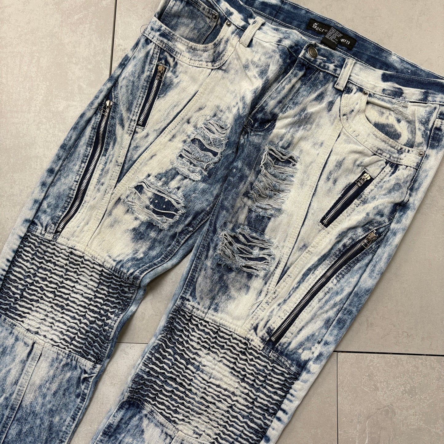 Vintage Hip Hop Moto Acid Wash Blue Straight Jeans - 40