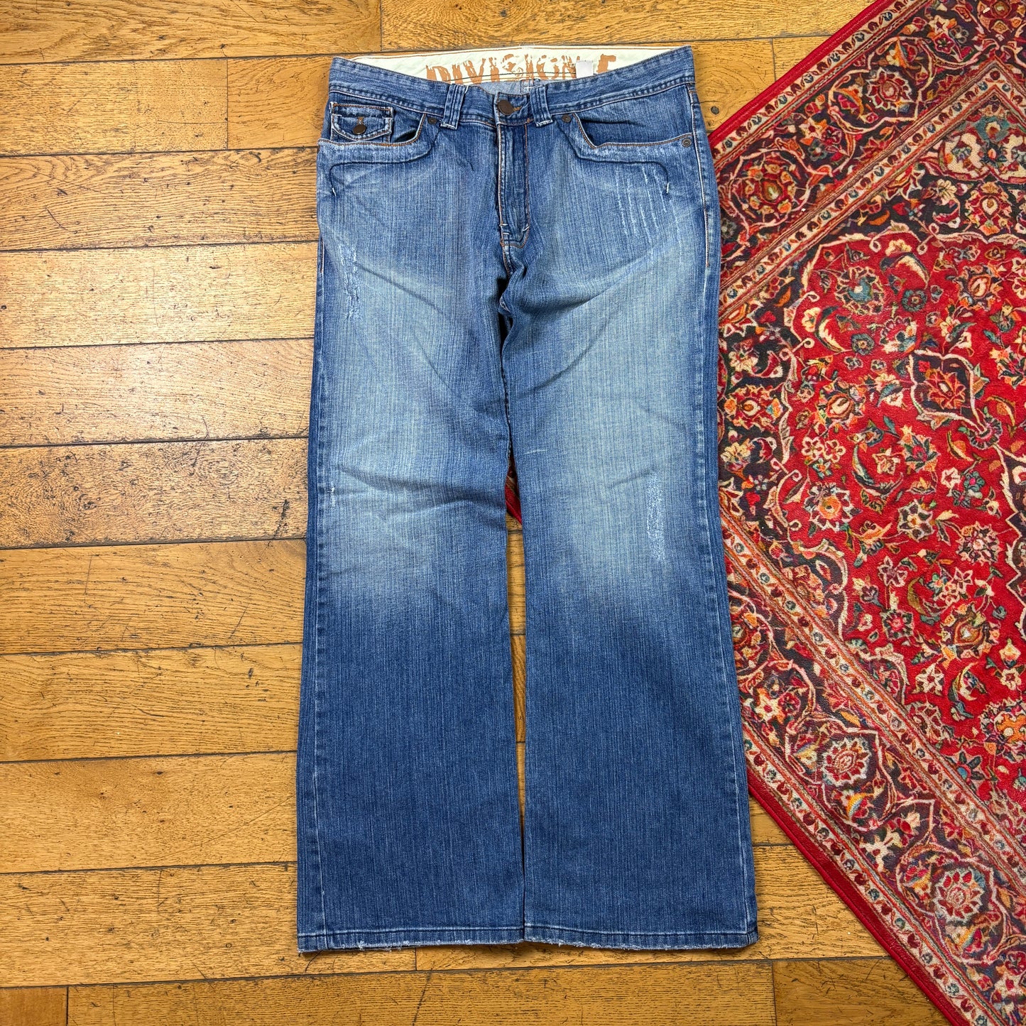 Vintage Blue Embroidered Y2K Hip Hop Bootcut Jeans - 36