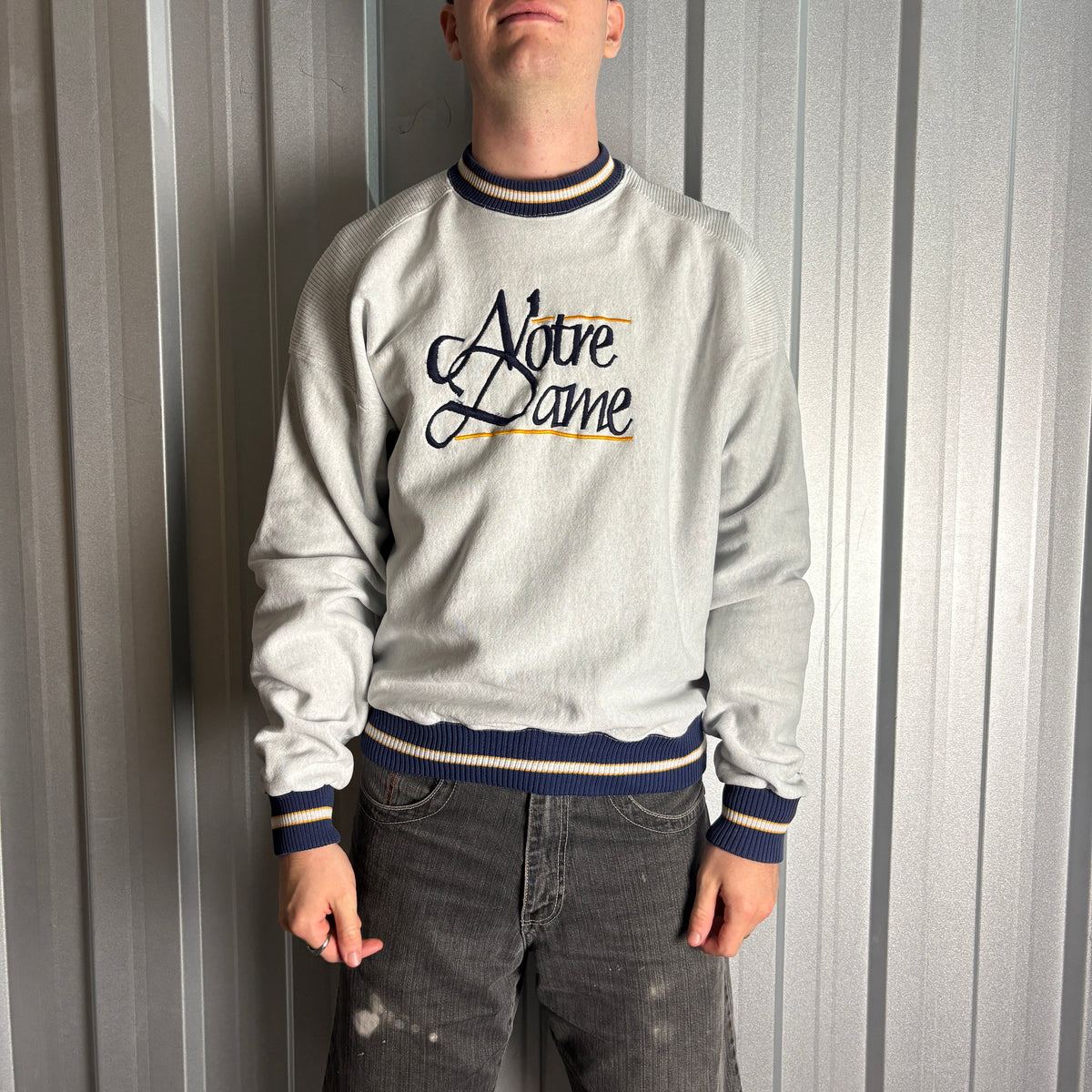 Vintage 90s Notre Dame Grey College USA Ringer Embroidered Sweatshirt - XL