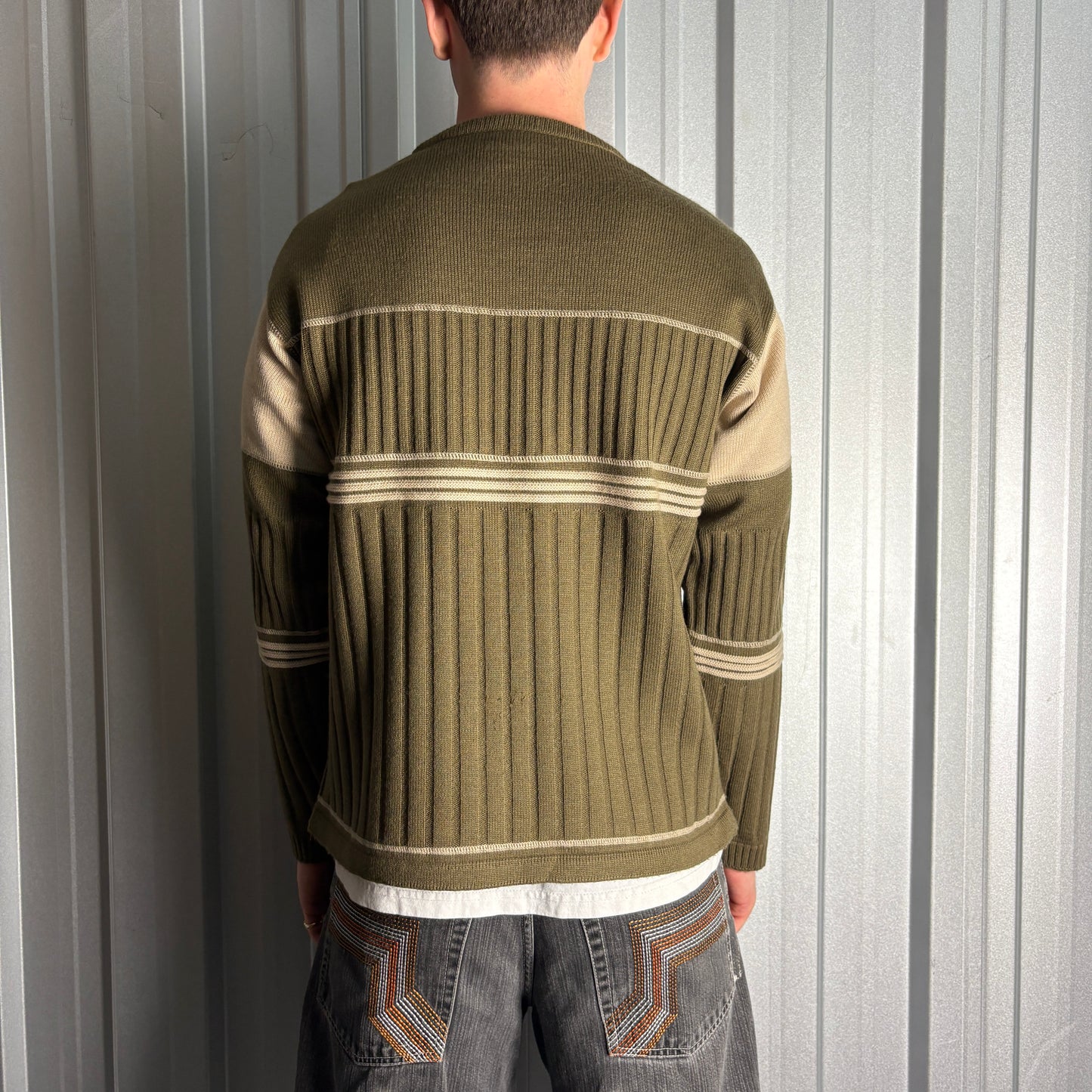 Vintage Rip Curl Green Wool Blend Surfwear Stripe Chunky Knit Jumper - S