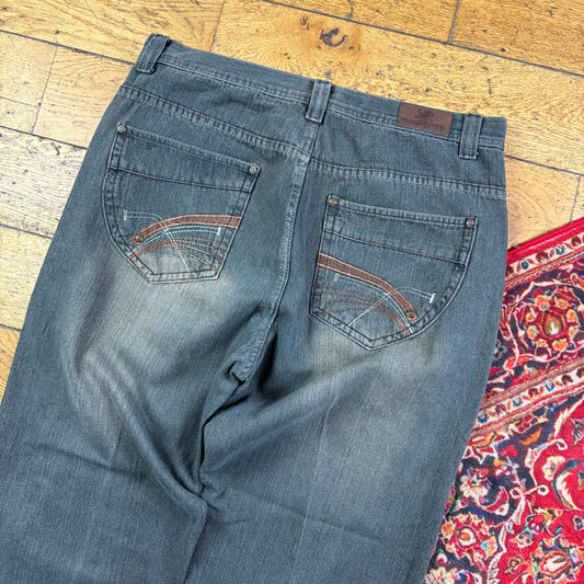 Vintage Grey Embroidered Y2K Hip Hop Baggy Jeans - 38